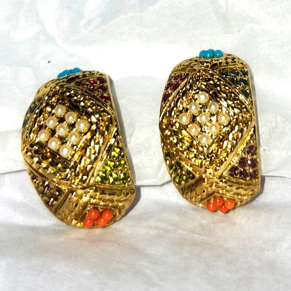 Vtg 1980s D'Orlan Bijoux Gold Plated Beaded Clip Hoop Earrings Buried Treasure? - Picture 3 of 4